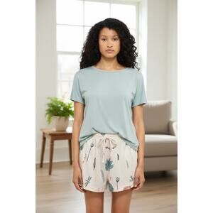 SHEIN Women’s Pajama Set – Sage Green Top & Printed Shorts – Size XL